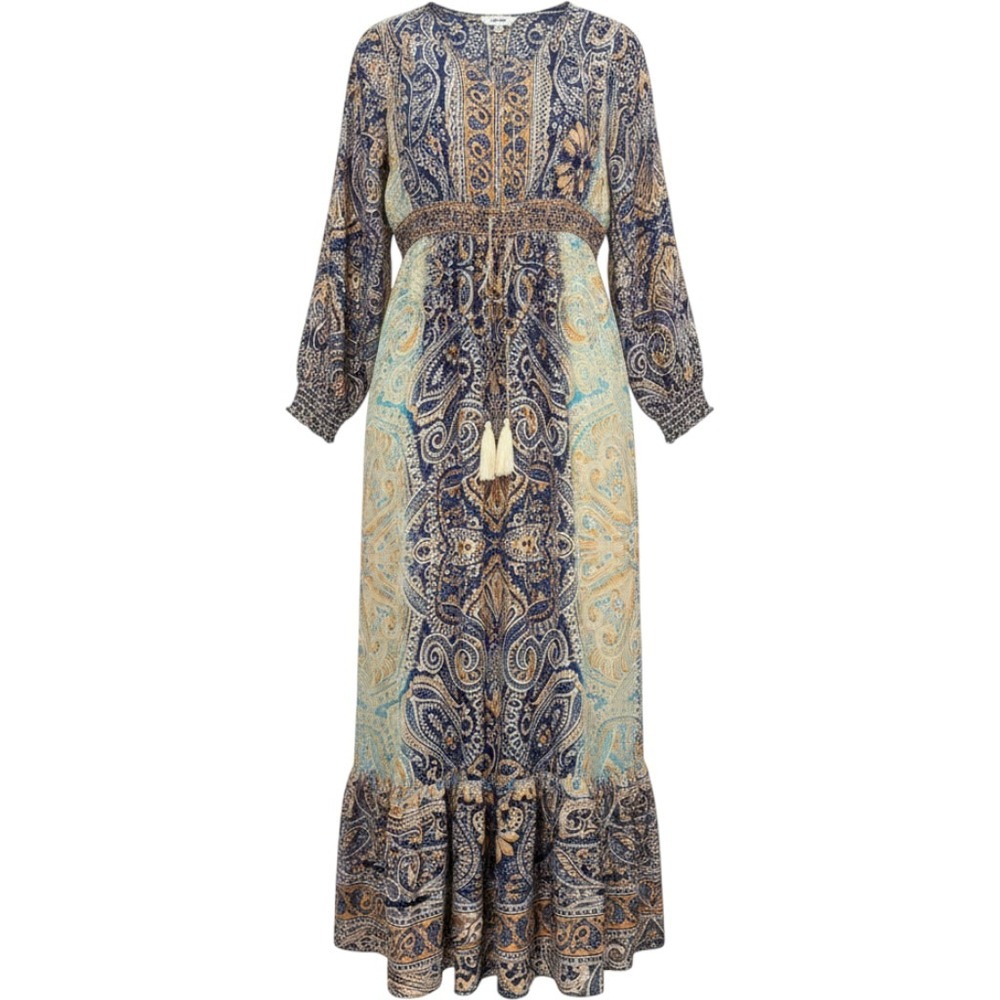 Lapogee Blue Orange Paisley Maxi Dress Long Sleeve Boho Tiered Ruffle Size M NEW